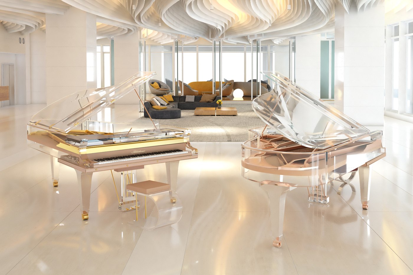 Two crystal self-playing grand pianos in a luxury interior
